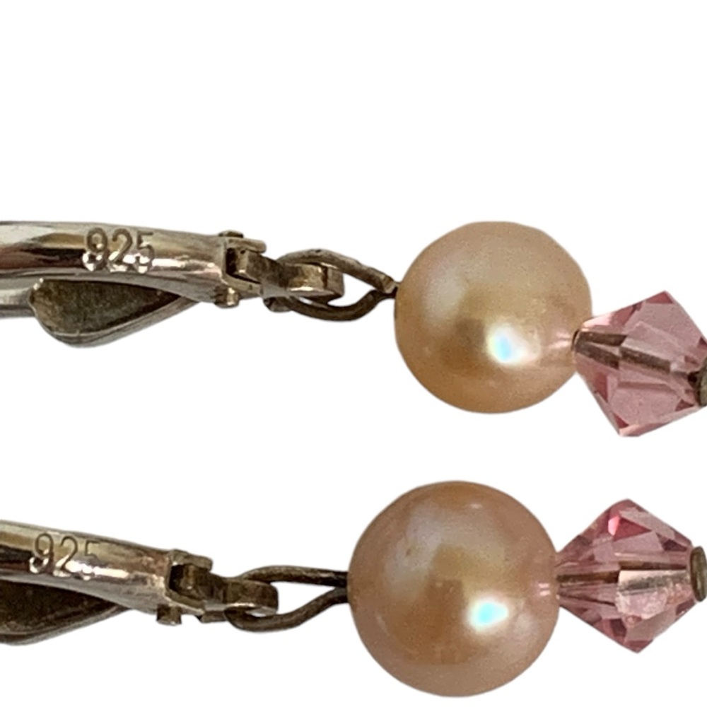 Vintage Pink Pearl Rose Quartz Drop Earrings Sterling Silver Chic New - Picture 9 of 13